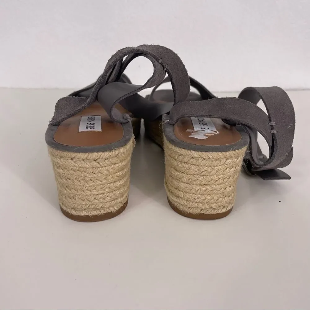 Steve Madden Elody Grey Leather Suede Espadrille Platform Sandals‎
